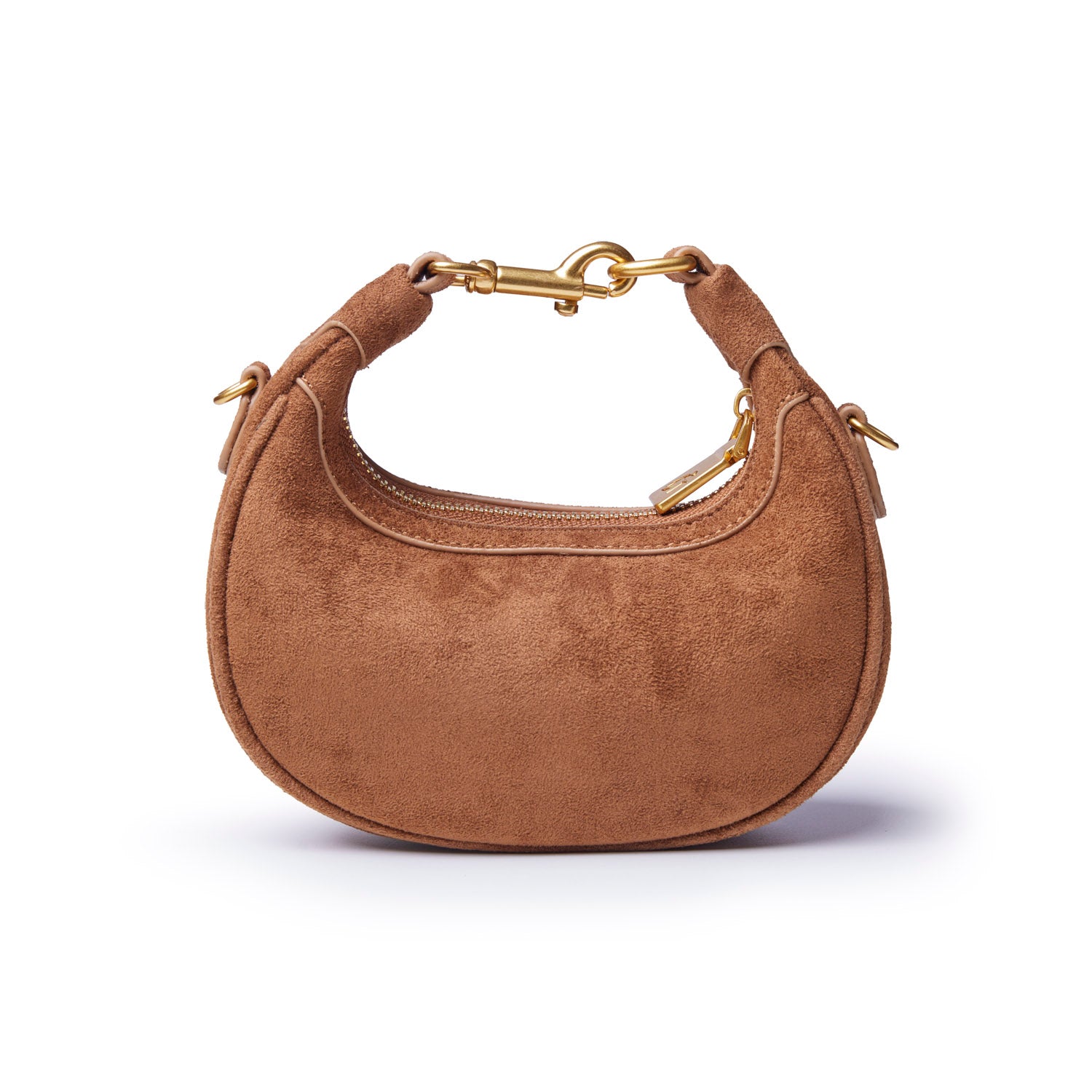 Brown nano suede hobo bag featuring a curved silhouette and gold hardware for a chic, stylish look.