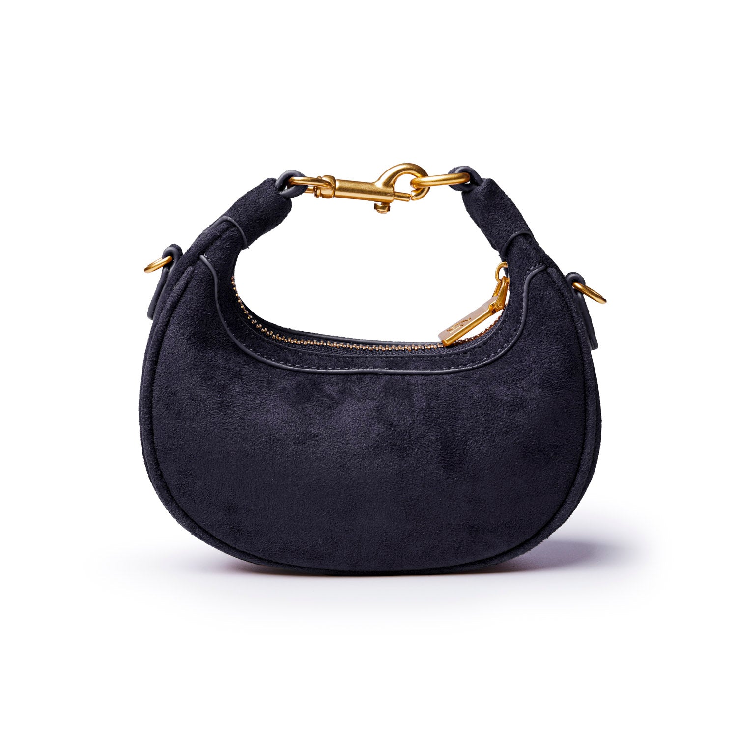 Black nano suede hobo bag featuring a gold-tone clasp and zipper, perfect for stylish everyday use.