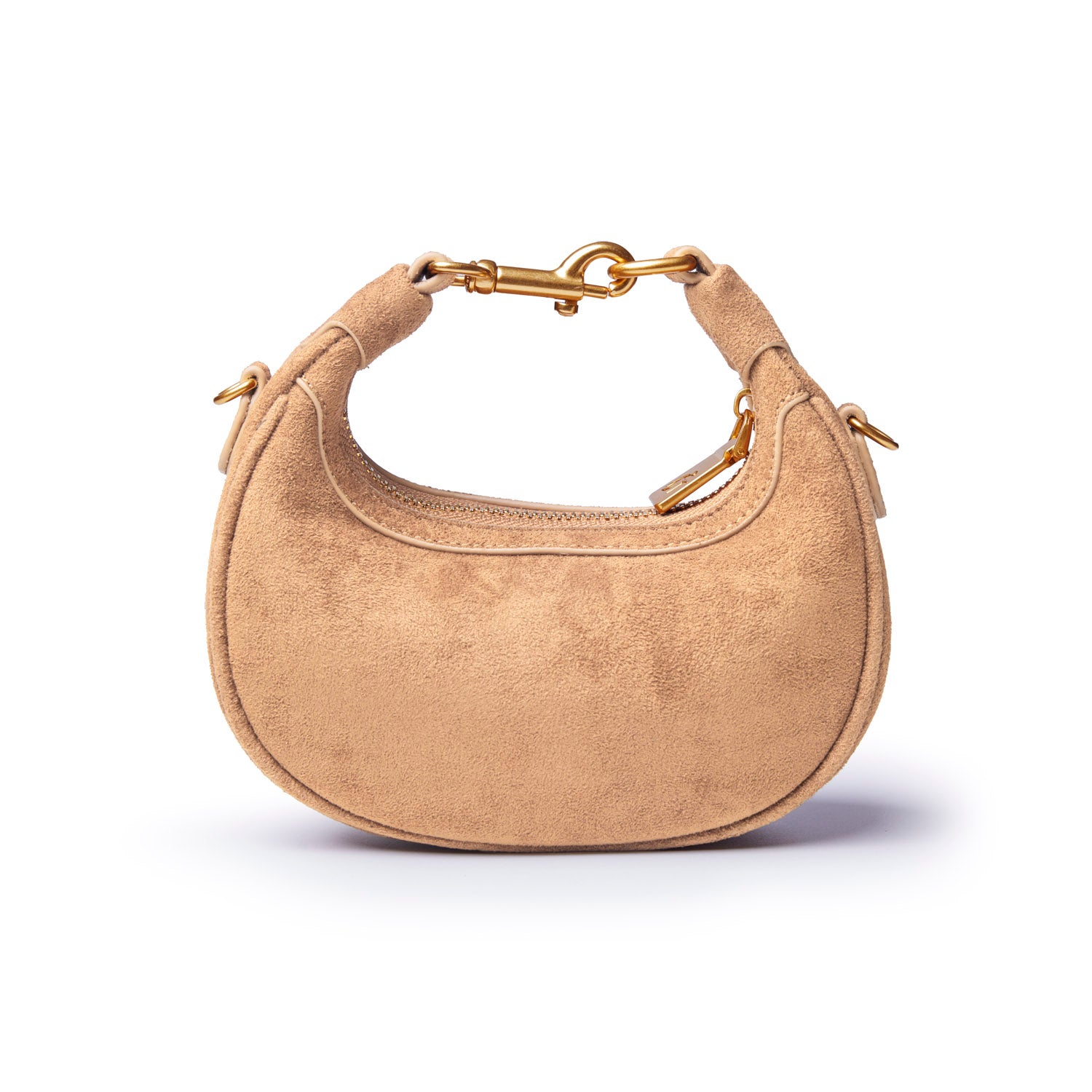 Tan nano suede hobo bag featuring a curved silhouette and gold-tone hardware, perfect for stylish everyday use.