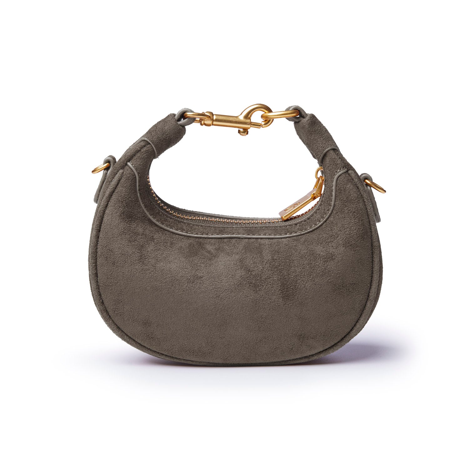Olive green nano suede hobo bag with a gold-tone clasp and zipper, perfect for stylish everyday use.