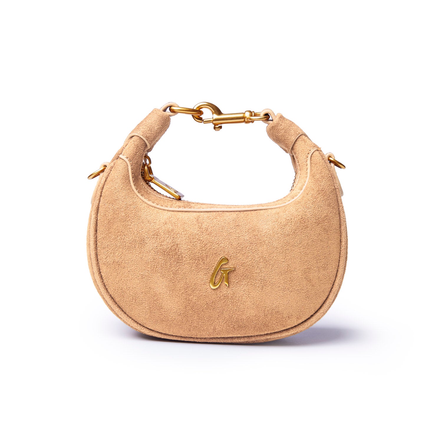 Tan nano suede hobo bag featuring a curved silhouette and gold-tone hardware, perfect for stylish everyday use.