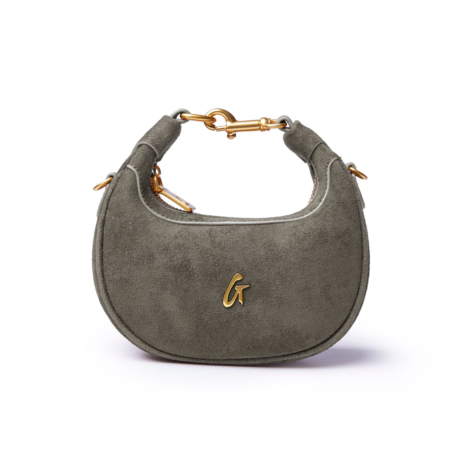 Olive green nano suede hobo bag with gold hardware and a stylish curved silhouette for a chic look.