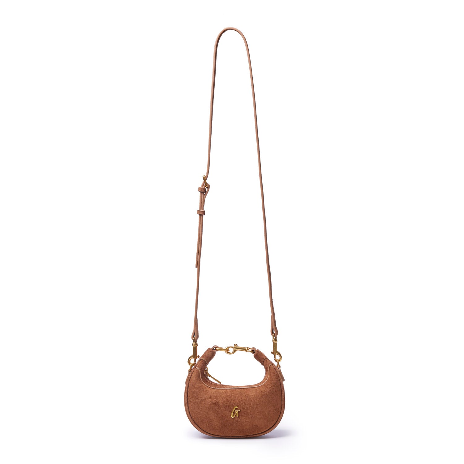 Brown nano suede hobo bag with a stylish curved shape and adjustable strap, featuring gold-tone hardware.