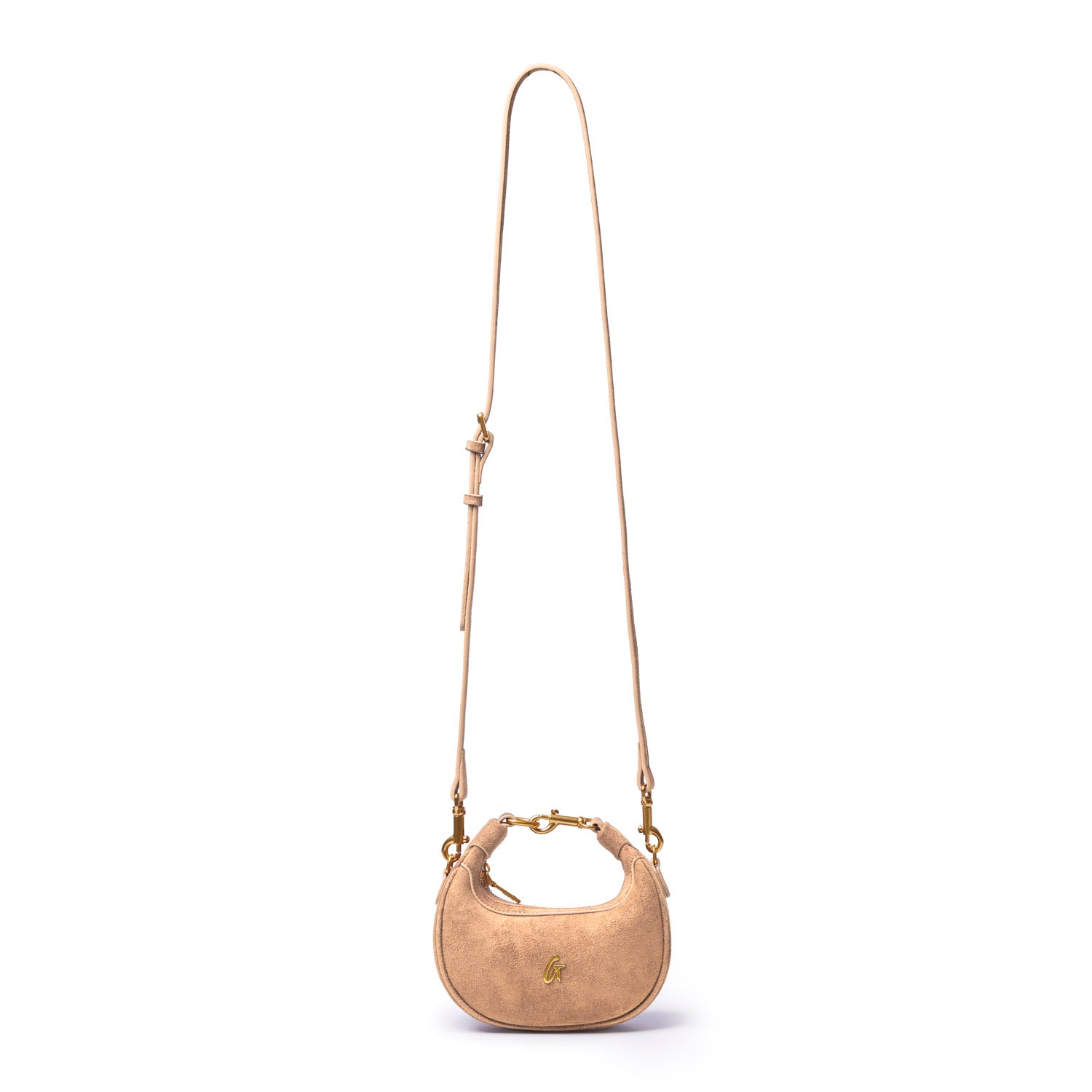 Tan nano suede hobo bag with a curved silhouette and adjustable strap, perfect for stylish everyday use.