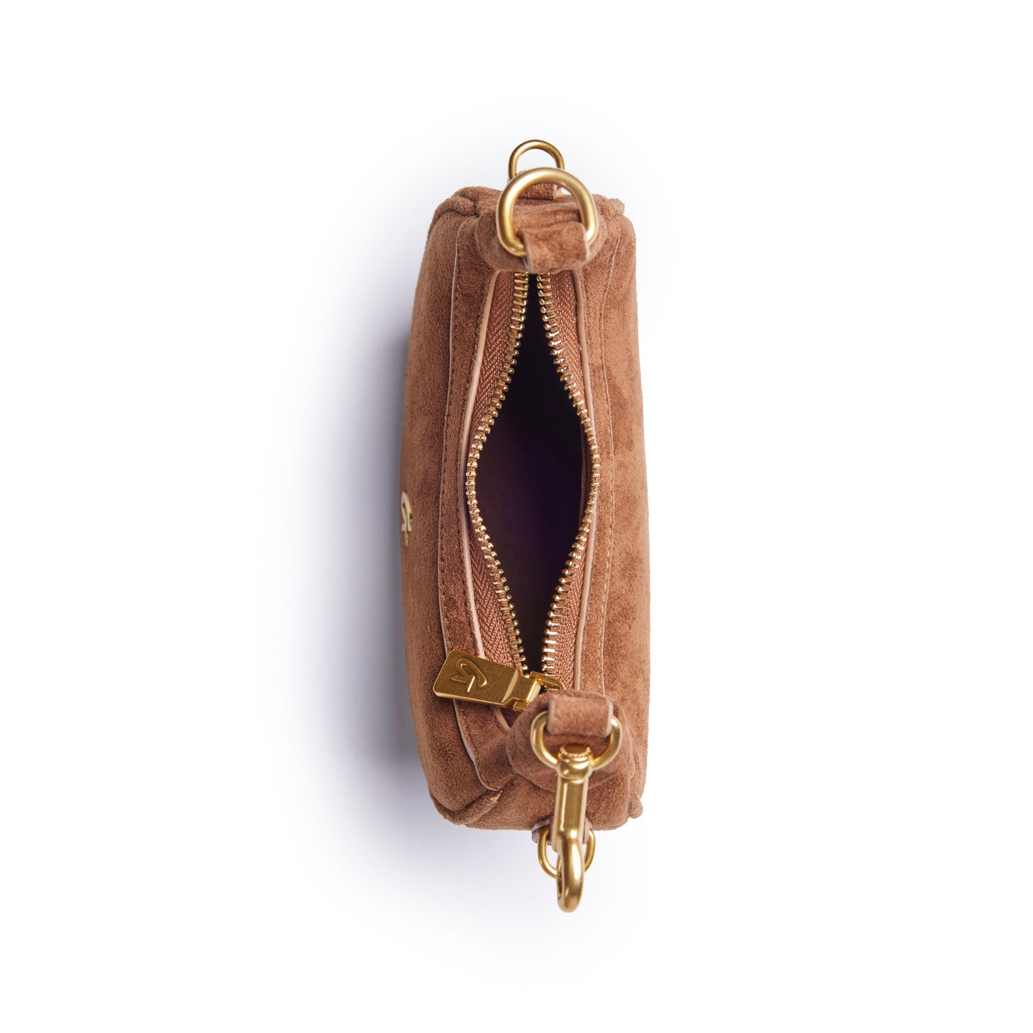 Brown nano suede hobo bag with a zippered closure and gold-tone hardware, perfect for stylish everyday use.