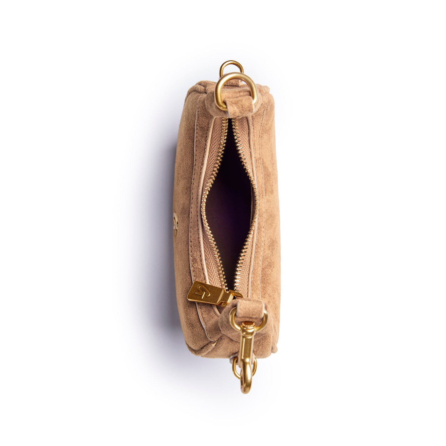 Tan nano suede hobo bag with a gold zipper and chain detail, showcasing a stylish and versatile design.