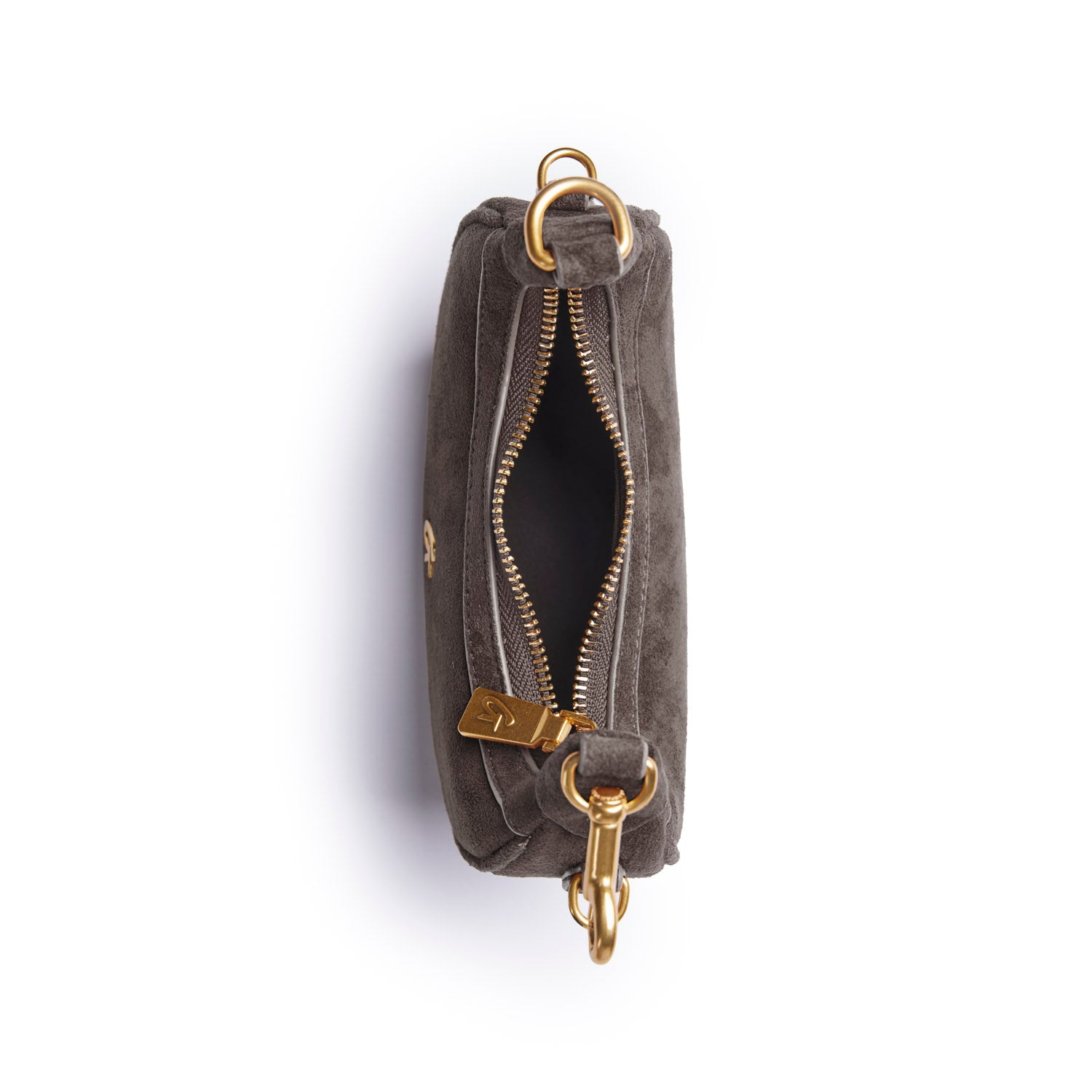 Olive green nano suede hobo bag with gold zipper and hardware, showcasing a stylish and compact design.