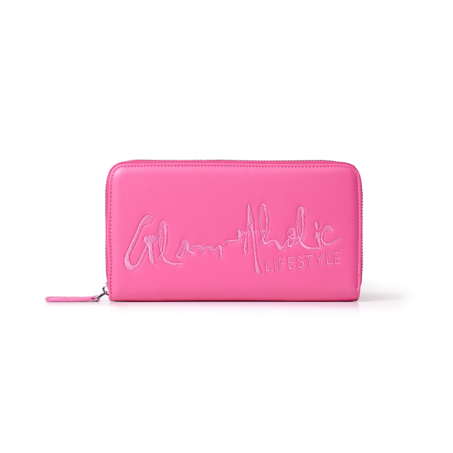 Hot pink wallet with a large signature logo and "LIFESTYLE" embroidered on the front, featuring a zipper closure.
