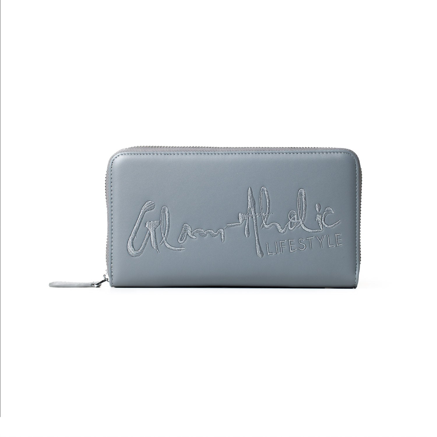 Gray zip-around wallet with "Glam Authentic Lifestyle" embroidered in silver on the front, featuring a signature-style logo.