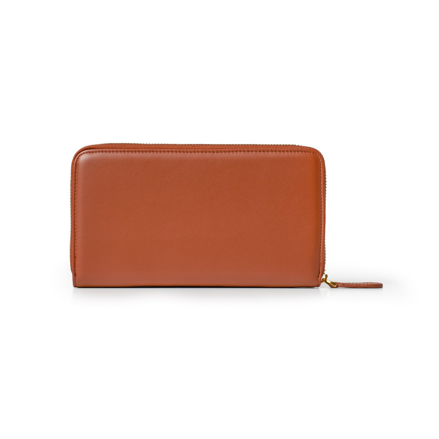 Brown jumbo signature logo wallet with a zip-around closure, sleek design, and gold-tone zipper pull.