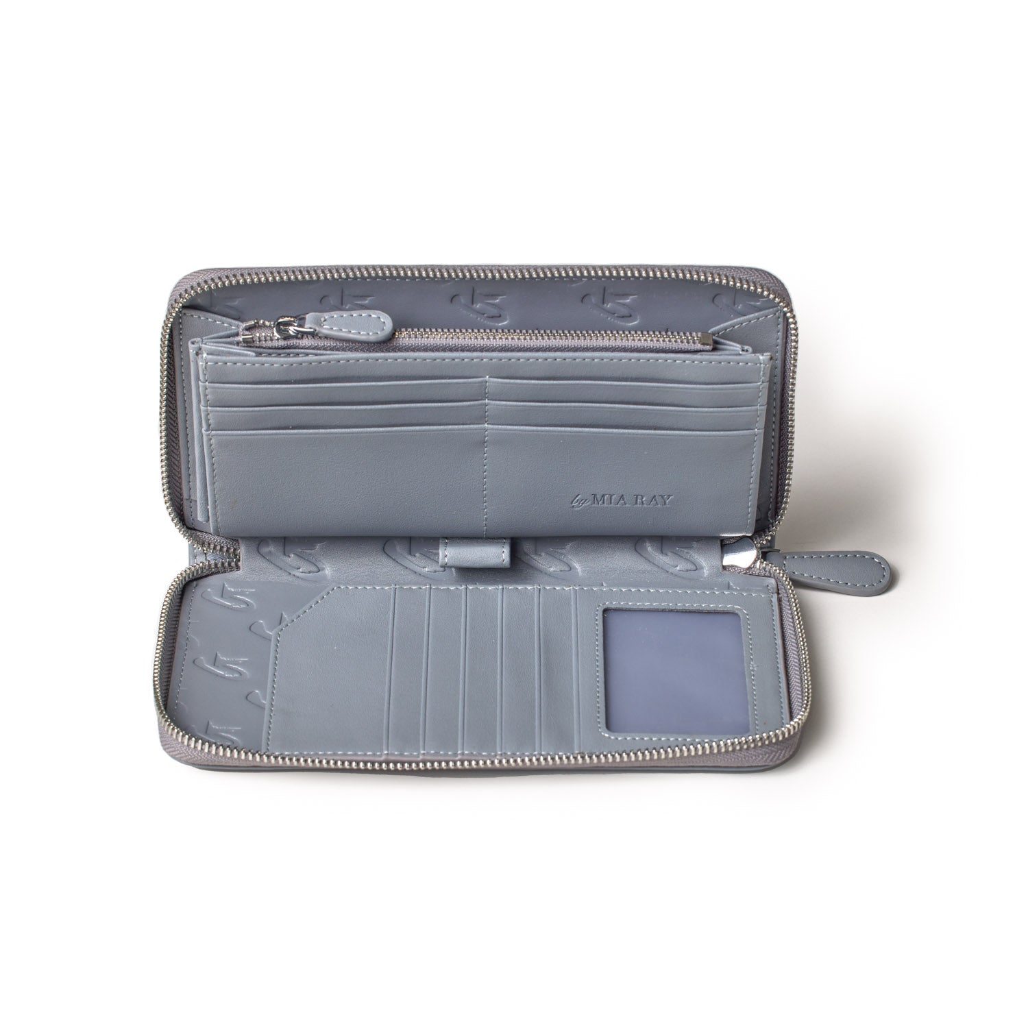 Gray jumbo signature logo wallet with multiple card slots, a clear ID window, and a zippered compartment, open to show interior.