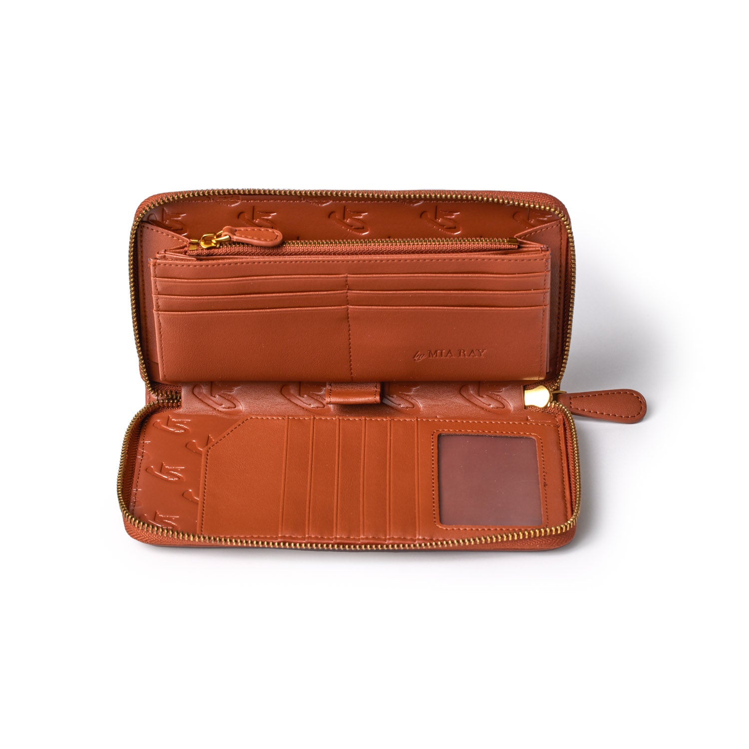 Open brown leather wallet with multiple card slots, a clear ID window, zippered coin pocket, and embossed logo interior.