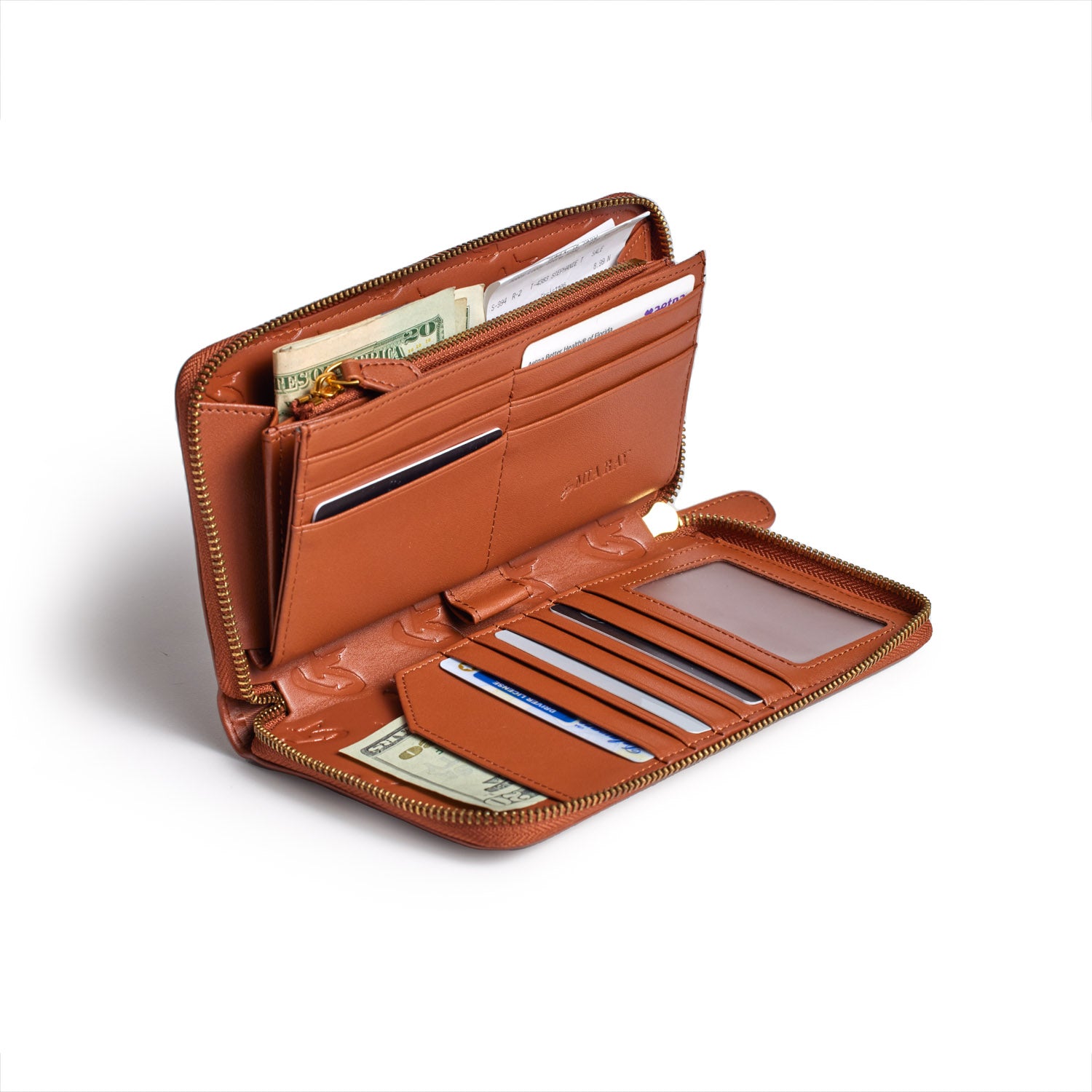 Brown leather wallet with multiple card slots, a zippered coin pocket, and cash compartments, featuring a signature logo.