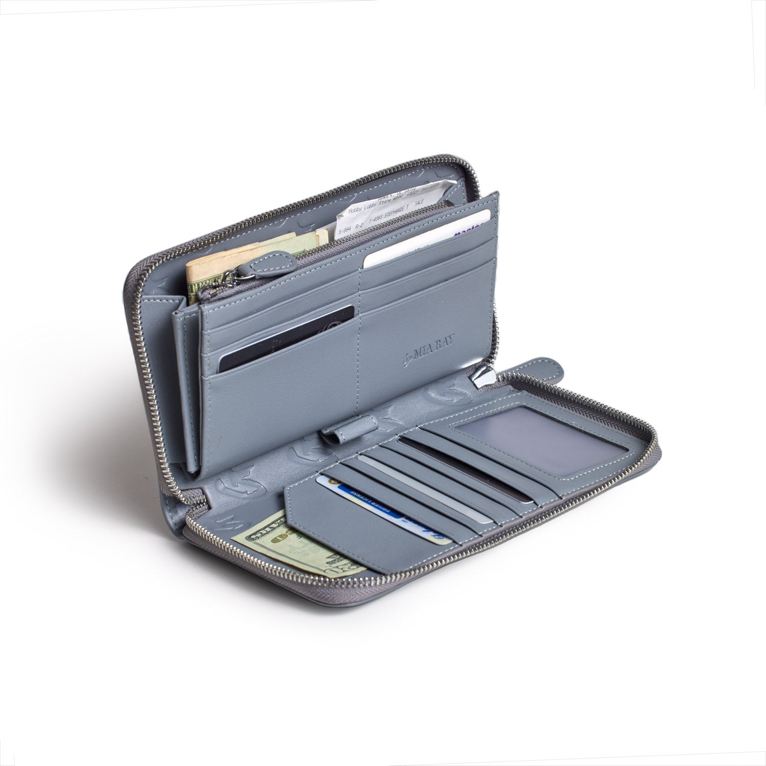 Gray jumbo signature logo wallet with multiple card slots, cash compartment, and zippered coin pocket, opened to display contents.