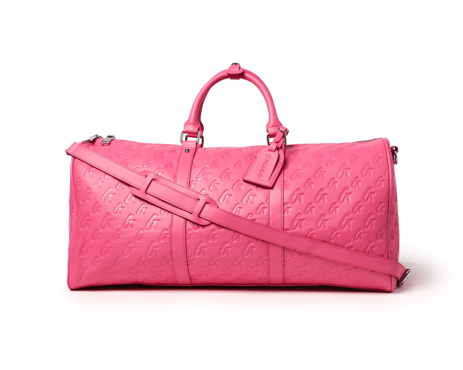 Hot pink monogram travel set featuring a spacious duffel bag with stylish handles and adjustable strap.