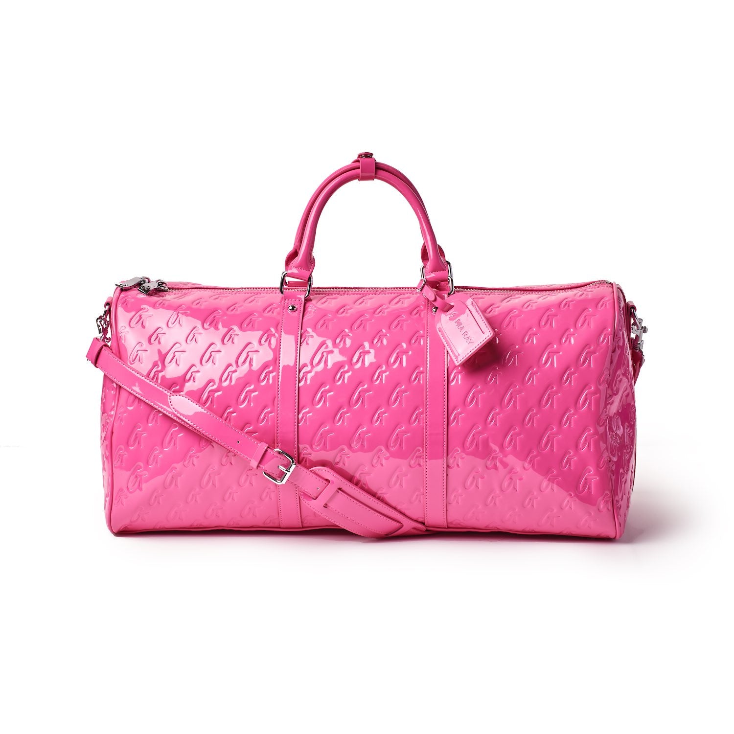 Hot pink monogram travel set bag with a glossy finish, featuring dual handles and a detachable shoulder strap.