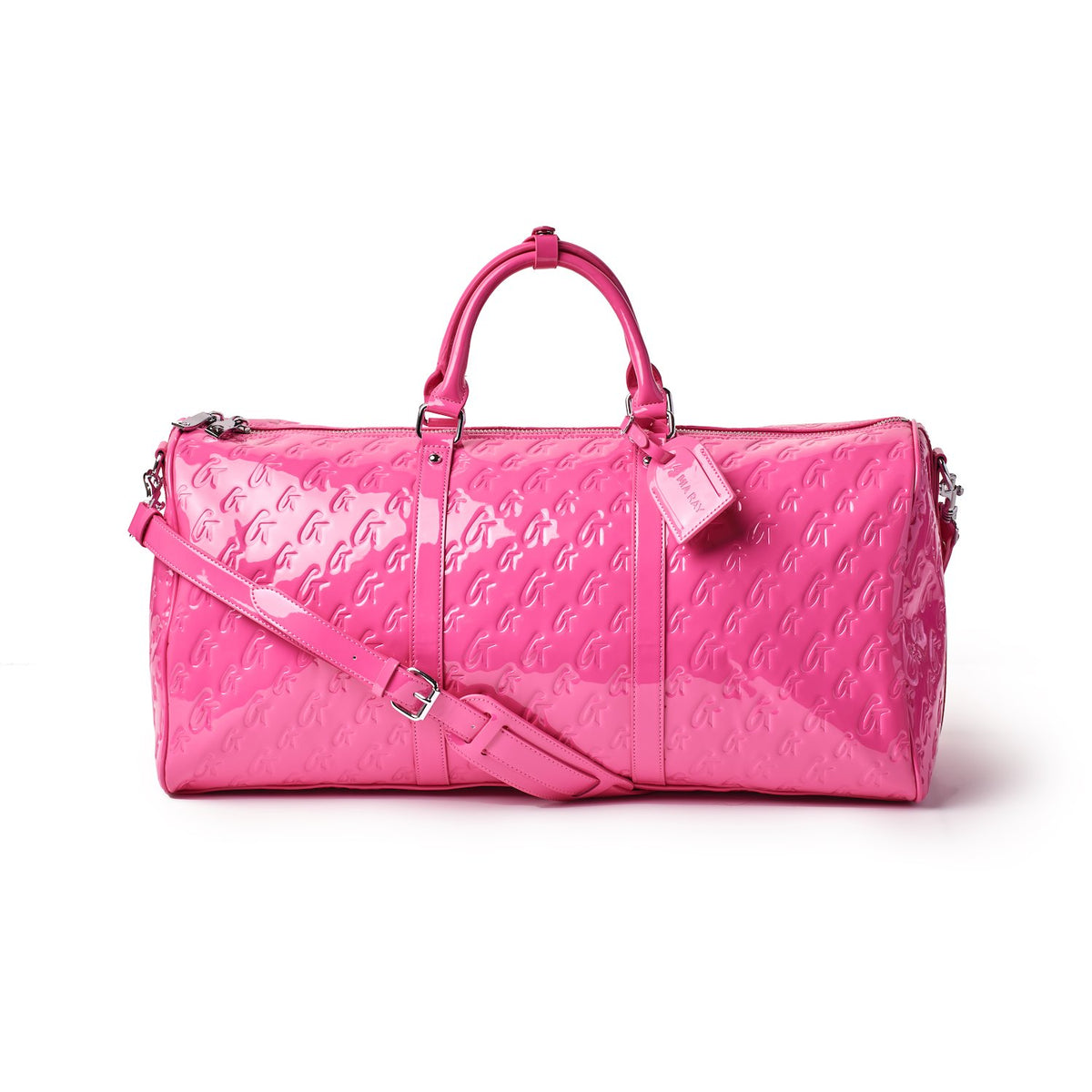 Hot pink monogram travel set bag with a glossy finish, featuring dual handles and a detachable shoulder strap.