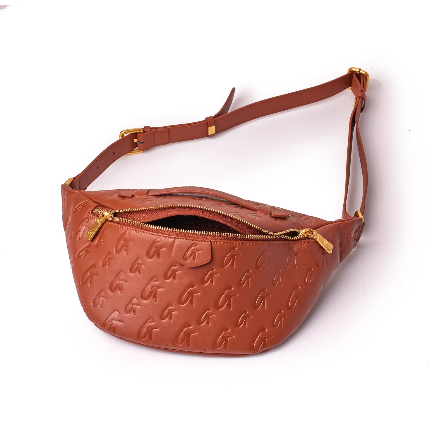 Brown monogram embossed faux leather fanny pack with gold zipper and adjustable strap.