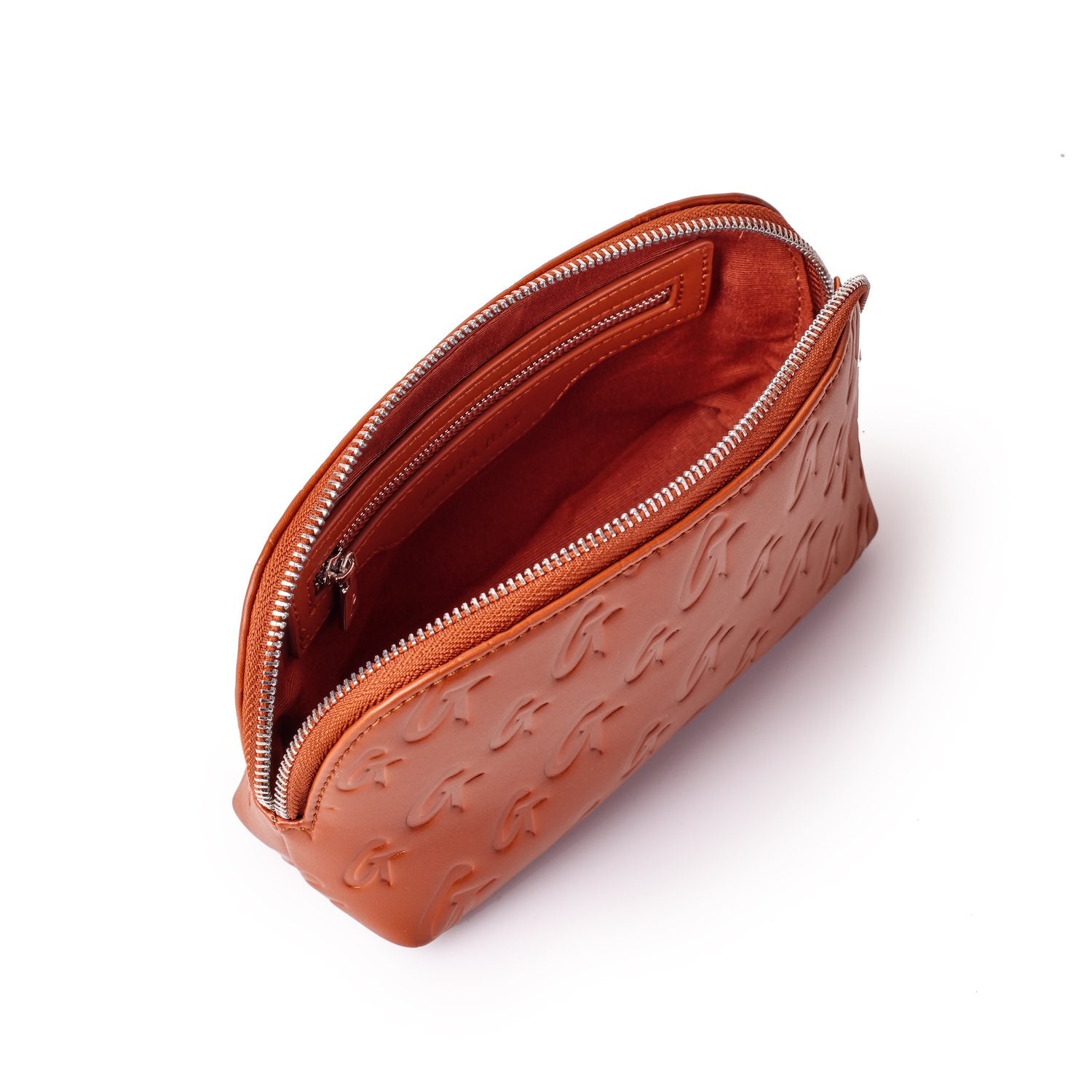 Brown Monogram Cosmetic Pouch with embossed logo, zip closure, and spacious interior for makeup and essentials.
