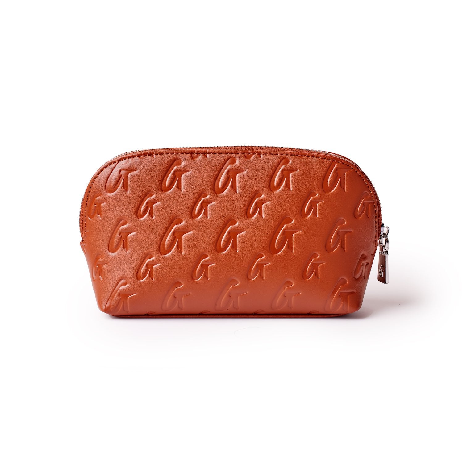 Brown Monogram Cosmetic Pouch with embossed logo pattern and silver zipper closure.