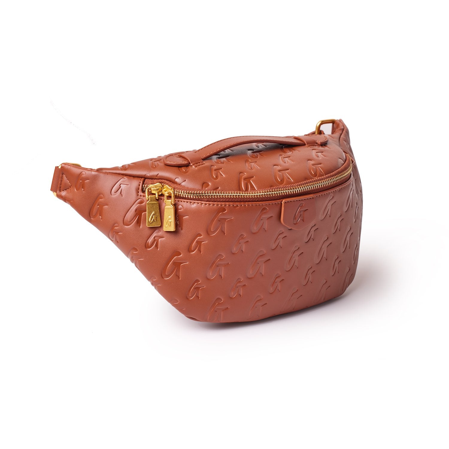Brown Monogram Fanny Pack with embossed logo pattern, gold zipper, and adjustable strap for casual wear.