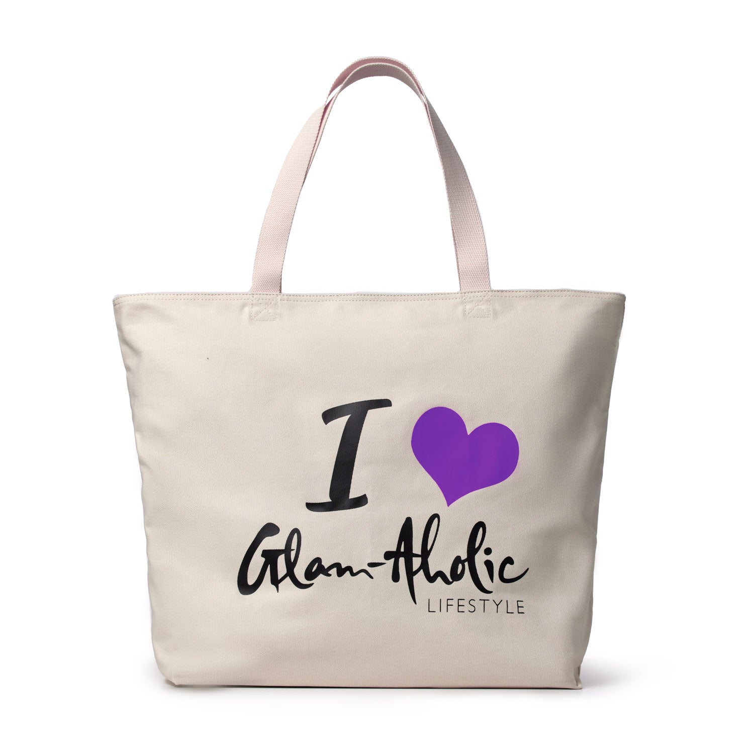 Purple "I love Glam-Aholic Lifestyle" logo canvas tote bag with pink handles, stylish and spacious for everyday use.