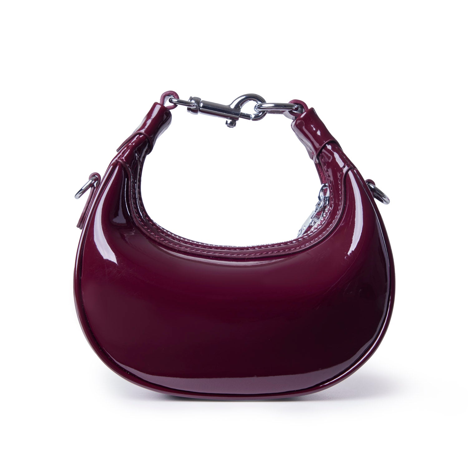 Glossy burgundy hobo bag with a sleek design and a stylish handle, perfect for adding a touch of luxury.