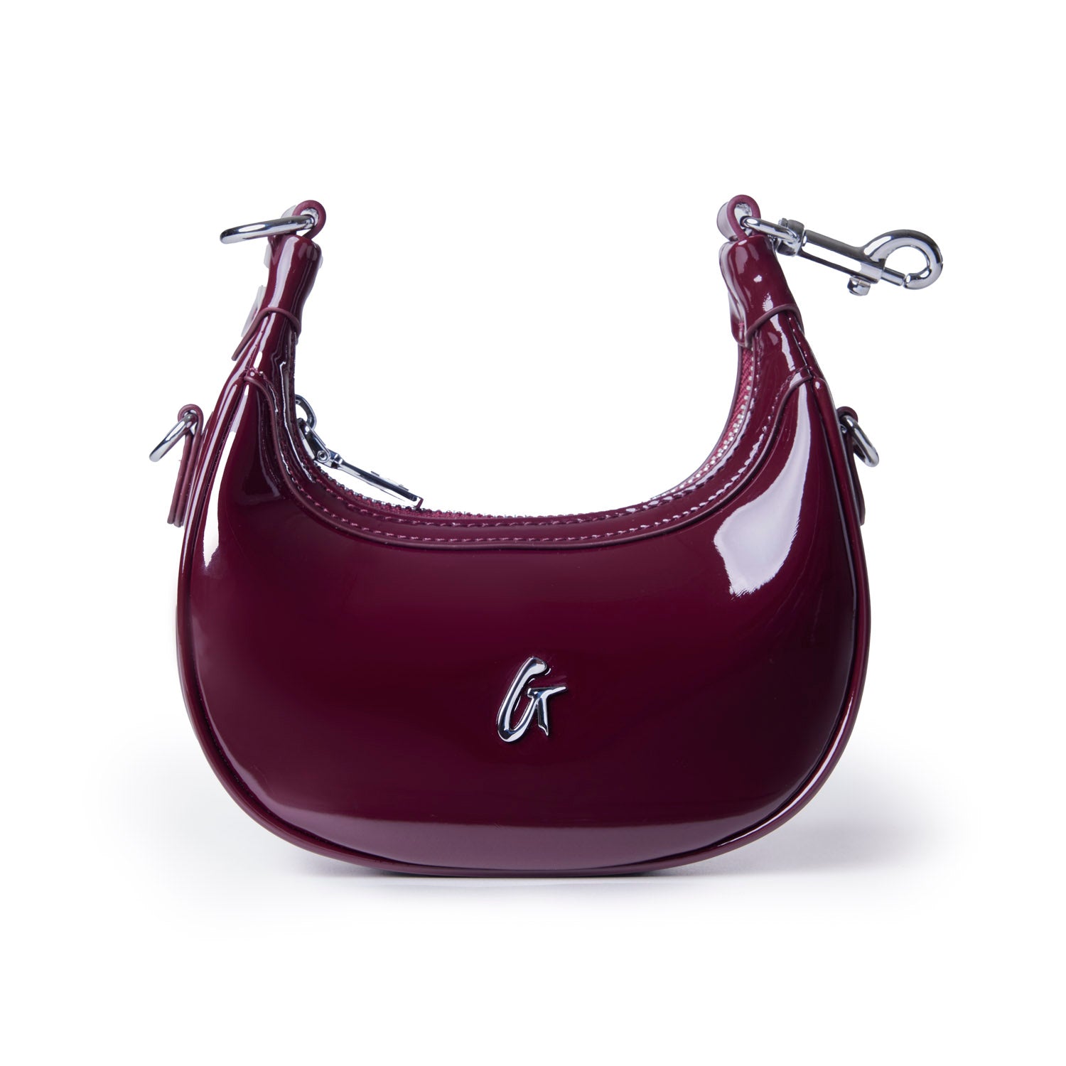 Glossy burgundy hobo bag with a sleek design and silver hardware, perfect for stylish, affordable luxury.
