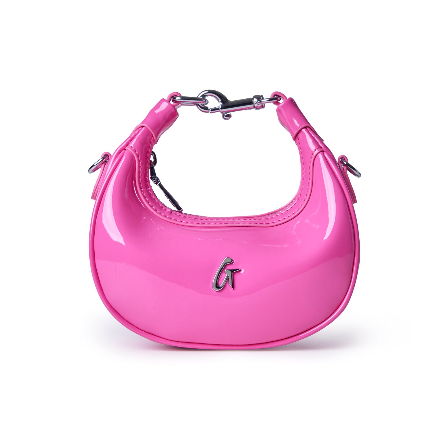 Hot pink hobo bag with a glossy finish and a stylish curved shape, featuring a silver logo and a detachable strap.