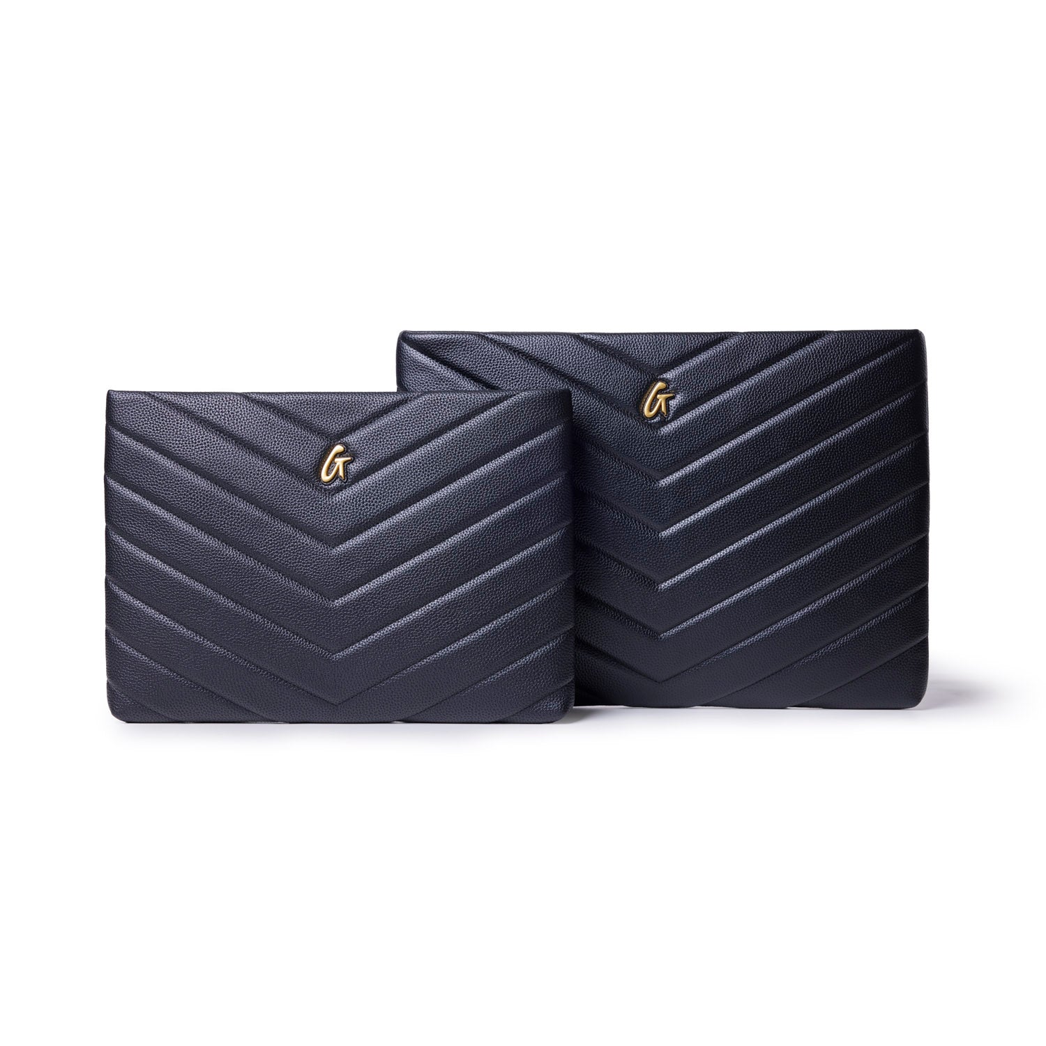 Black pebble laptop sleeve set featuring a chevron design and a gold logo, perfect for stylish tech protection.