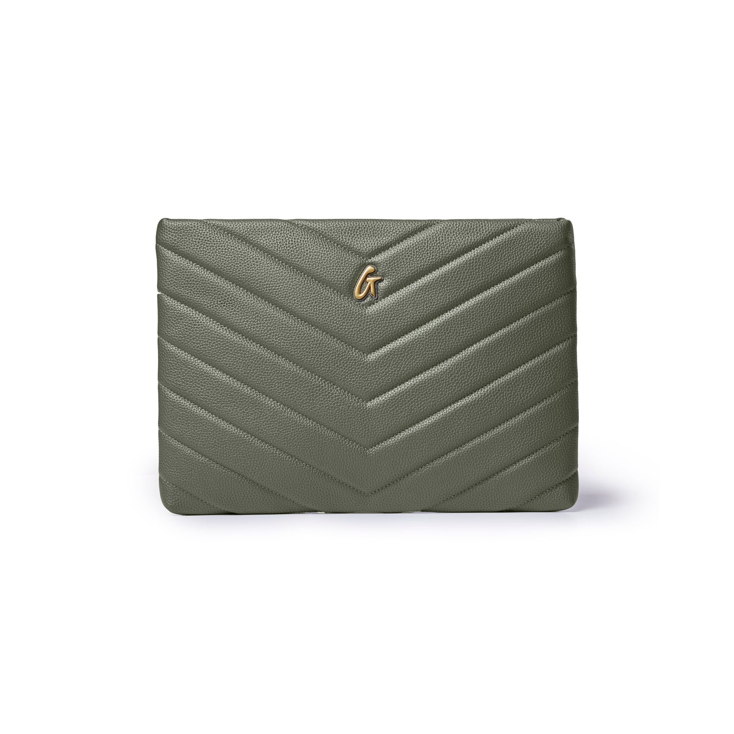 Olive green pebble laptop sleeve with a quilted design and gold logo, perfect for stylish protection of devices.