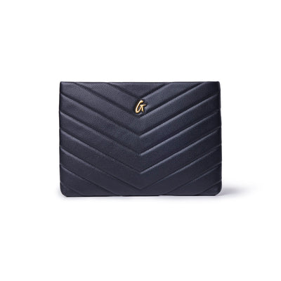 Black pebble laptop sleeve featuring a chevron design and a gold logo, perfect for stylish protection of your device.