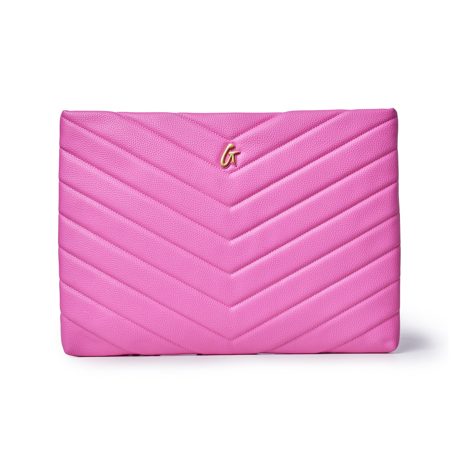 Hot pink chevron laptop sleeve with a gold logo, designed for stylish protection of your device.