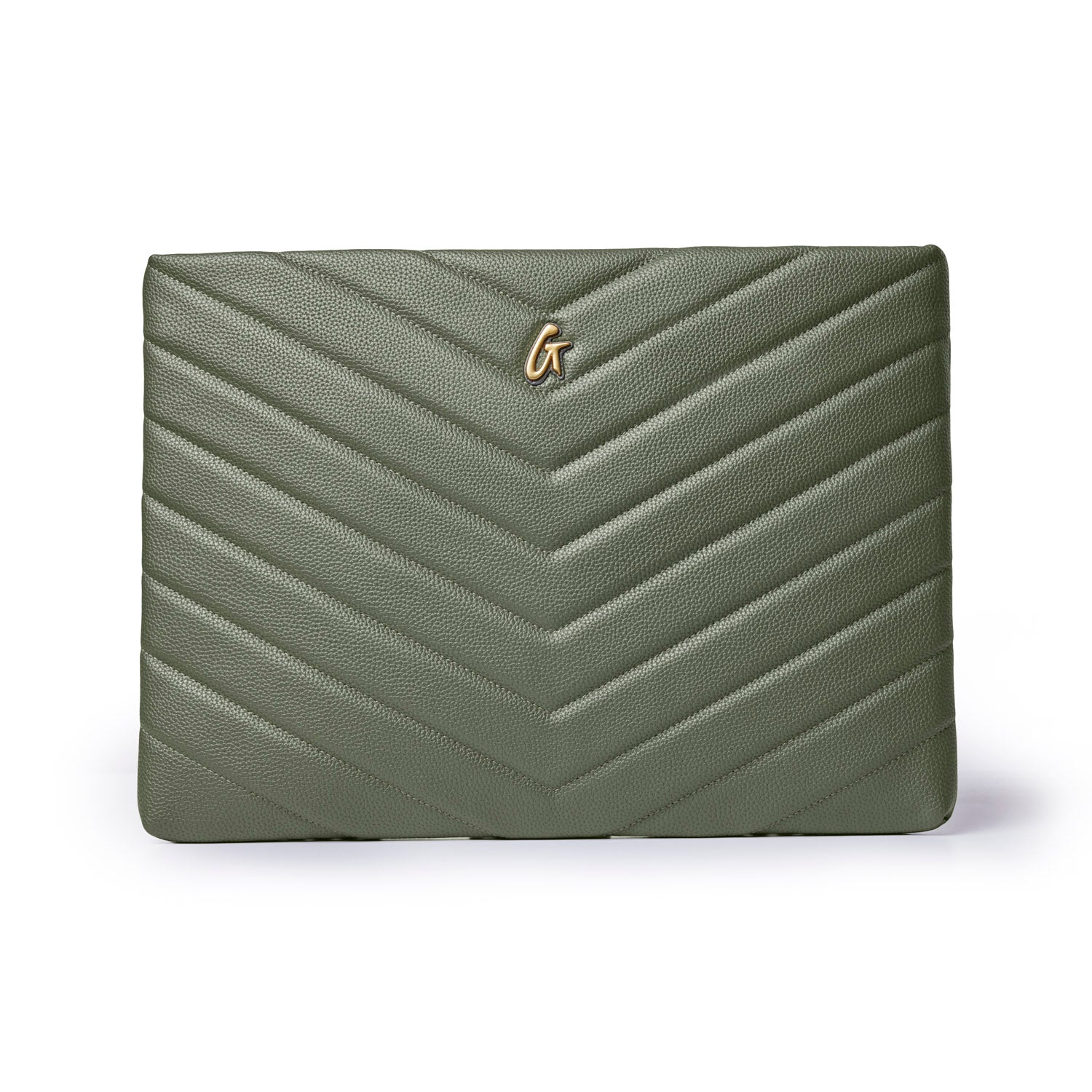 Olive green pebble laptop sleeve with chevron design and gold logo, perfect for stylish protection of your device.