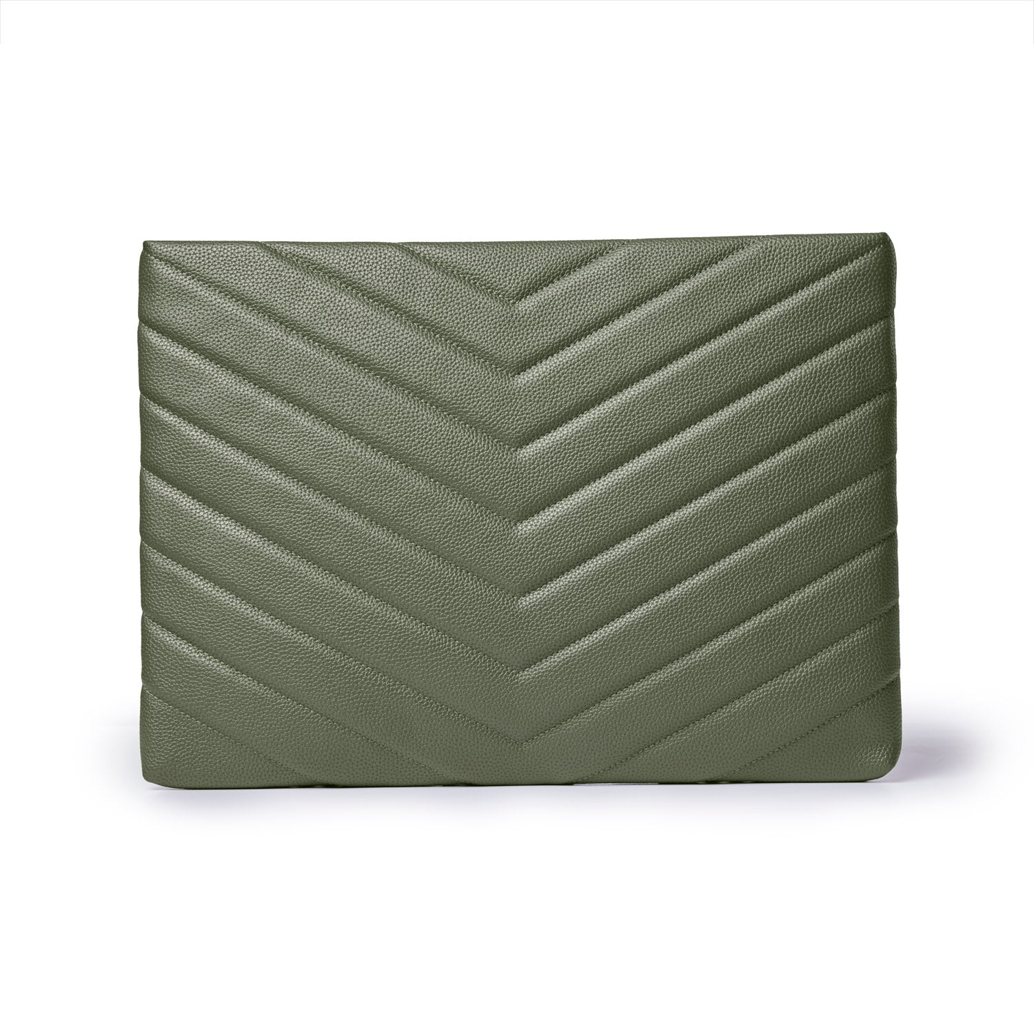 Olive green pebble laptop sleeve with a textured chevron pattern, designed for stylish protection of devices.