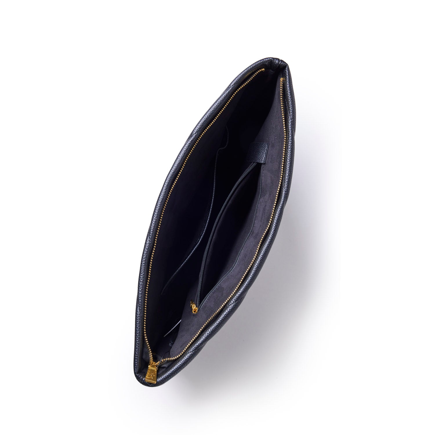 Black pebble laptop sleeve featuring a spacious interior with zip closure and multiple compartments for organization.