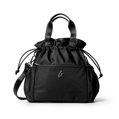 Stylish black nylon lunch bag with drawstring closure and adjustable straps, perfect for on-the-go meals.