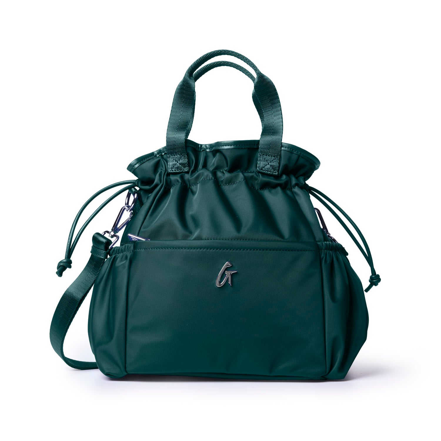 Green nylon lunch bag with drawstring closure and dual handles, perfect for stylish on-the-go meals.