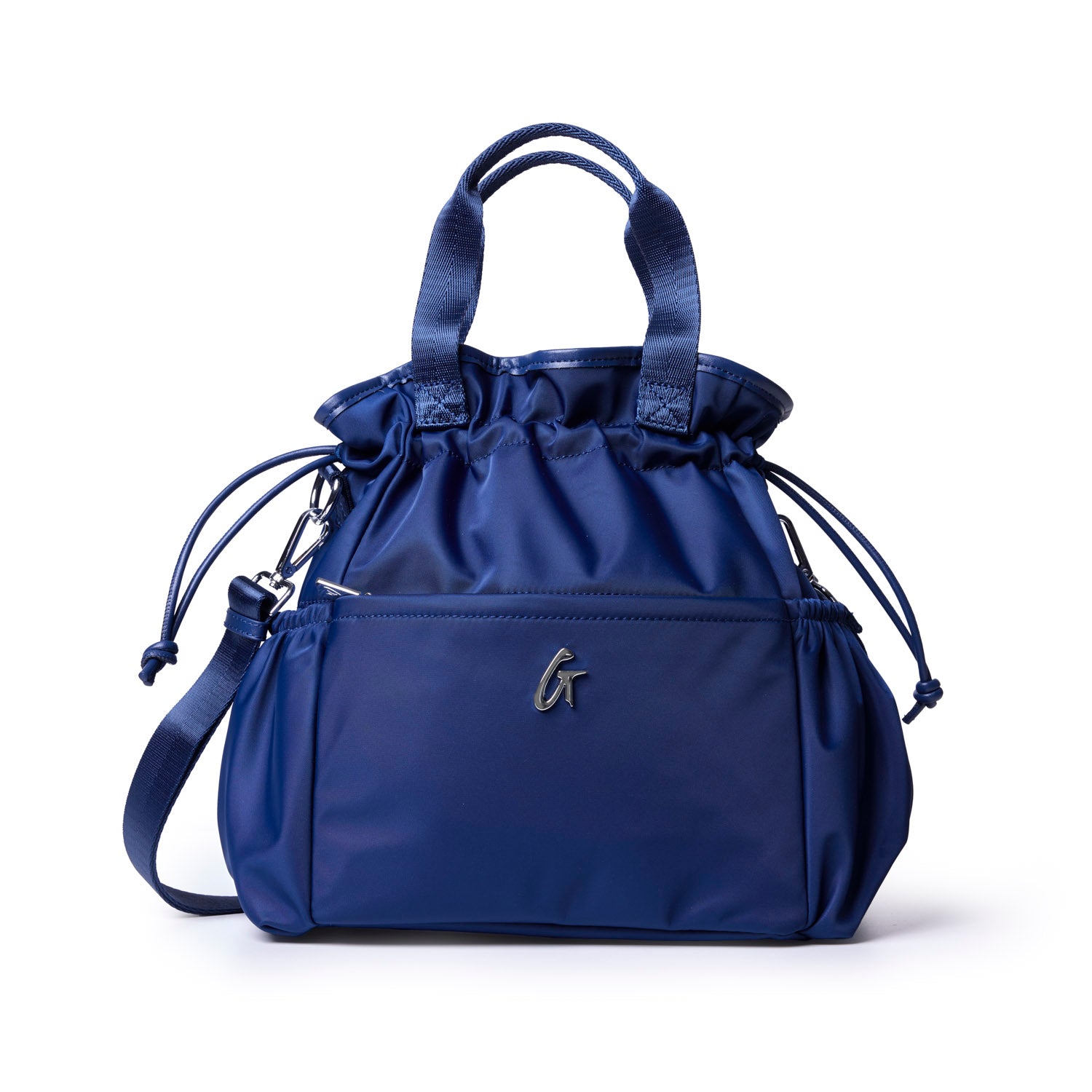 Navy nylon lunch bag with drawstring closure and dual handles, perfect for stylish on-the-go dining.