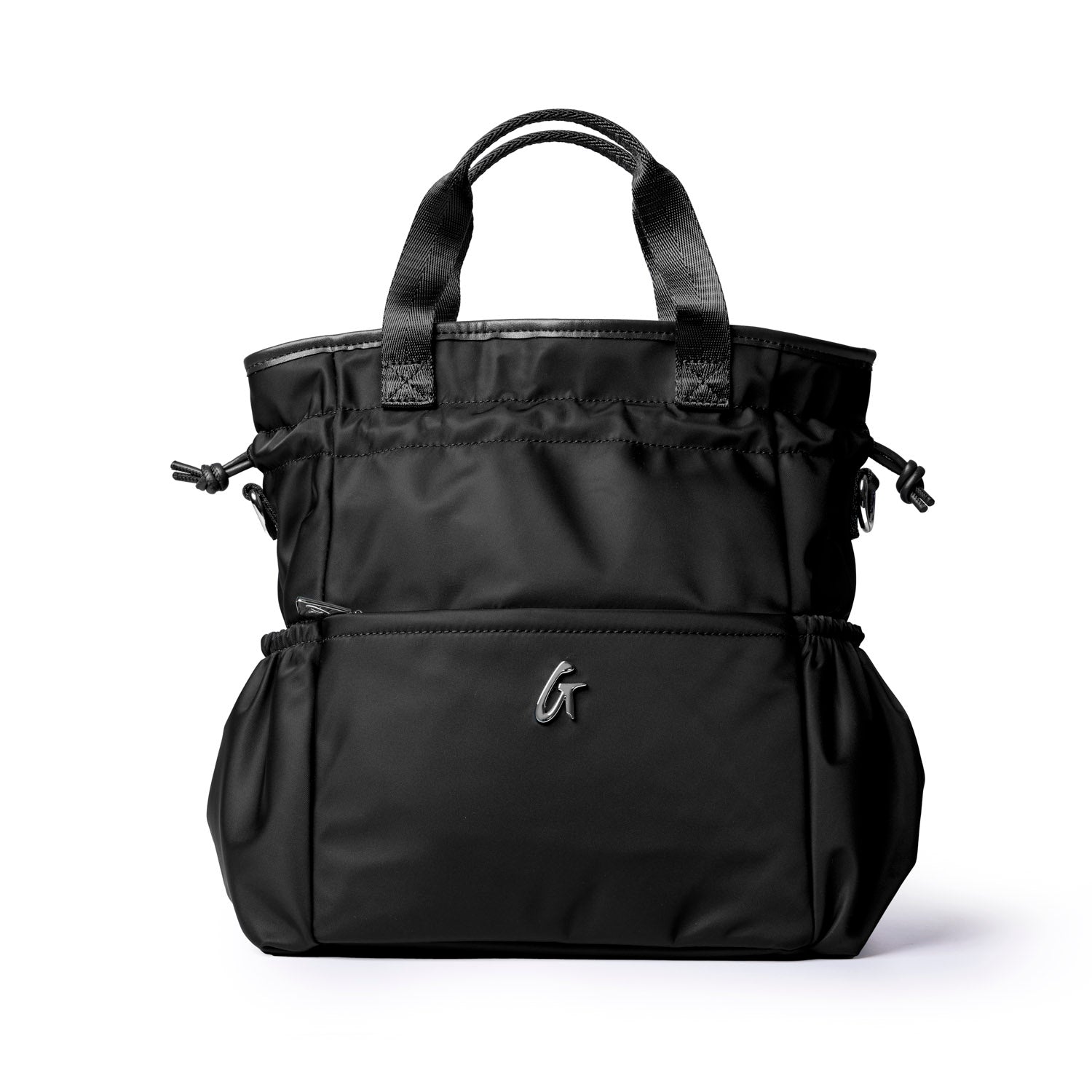 Stylish black nylon lunch bag with dual handles and spacious compartments for easy organization.
