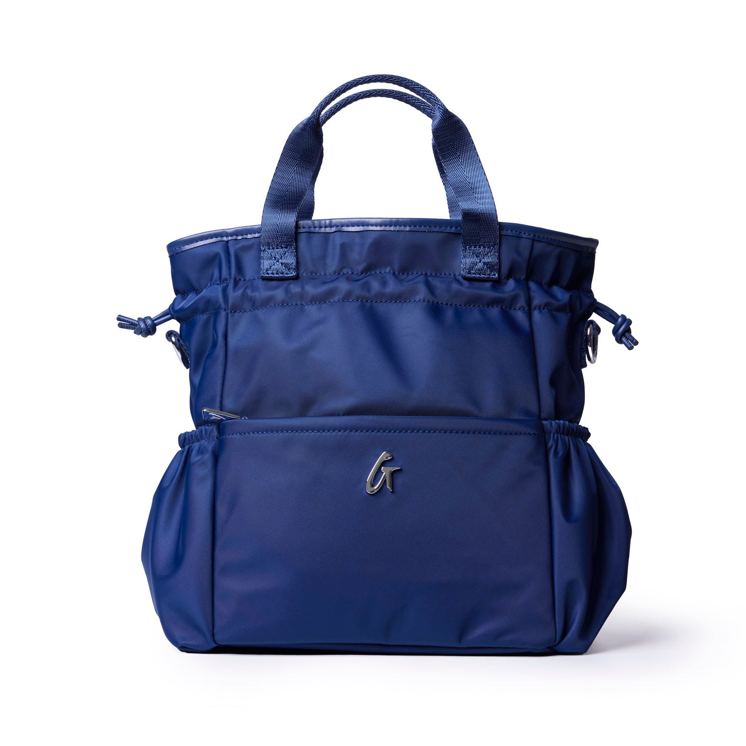 Navy nylon lunch bag with dual handles and zippered pockets for stylish and practical meal storage.