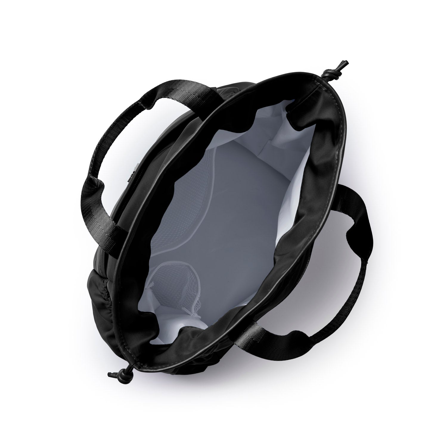 Stylish black nylon lunch bag with spacious interior and dual handles for easy carrying. Ideal for on-the-go meals.