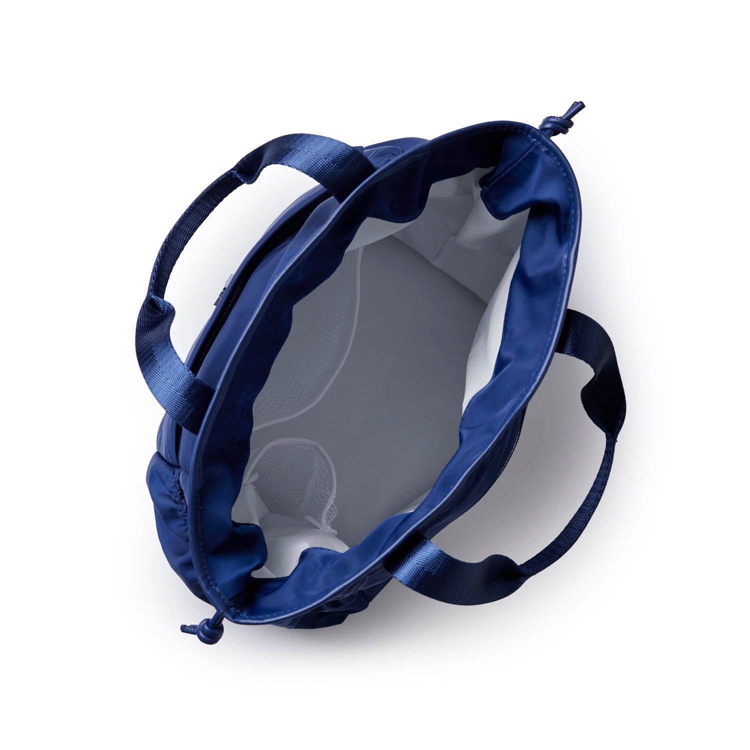 Navy nylon lunch bag with a spacious interior and sturdy handles for easy carrying and stylish storage.