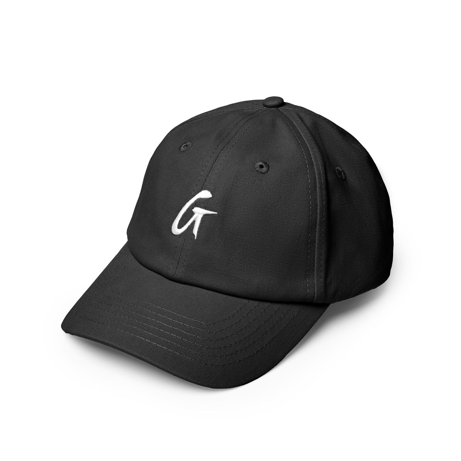 Black dad hat featuring a minimalist white logo, perfect for casual style and everyday wear.
