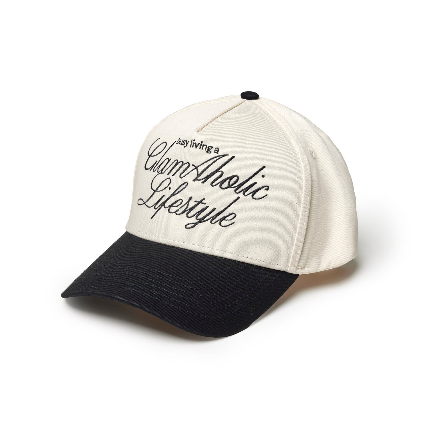 Black and white trucker hat featuring the phrase "Glam-Aholic Lifestyle" embroidered on the front.