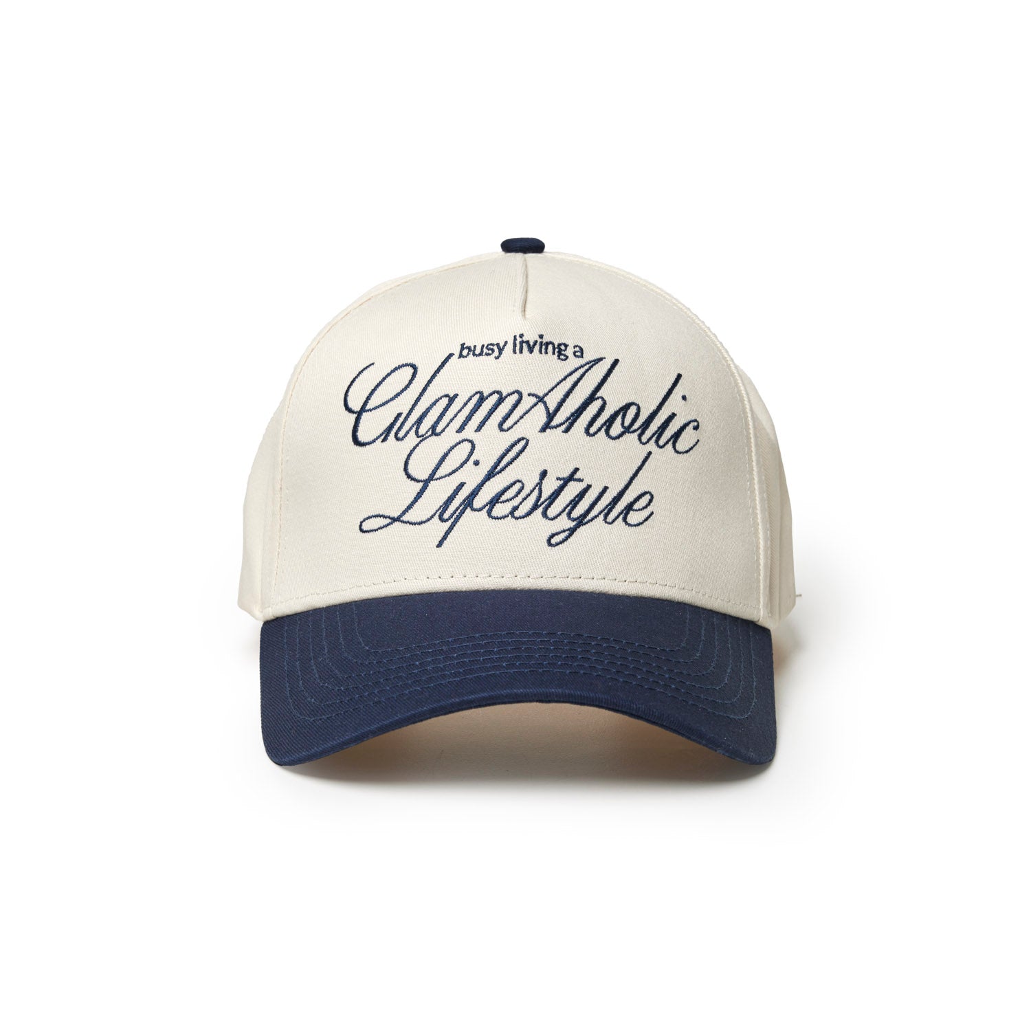 Navy trucker hat featuring "busy living a GlamAholic Lifestyle" embroidered on the front in stylish script.