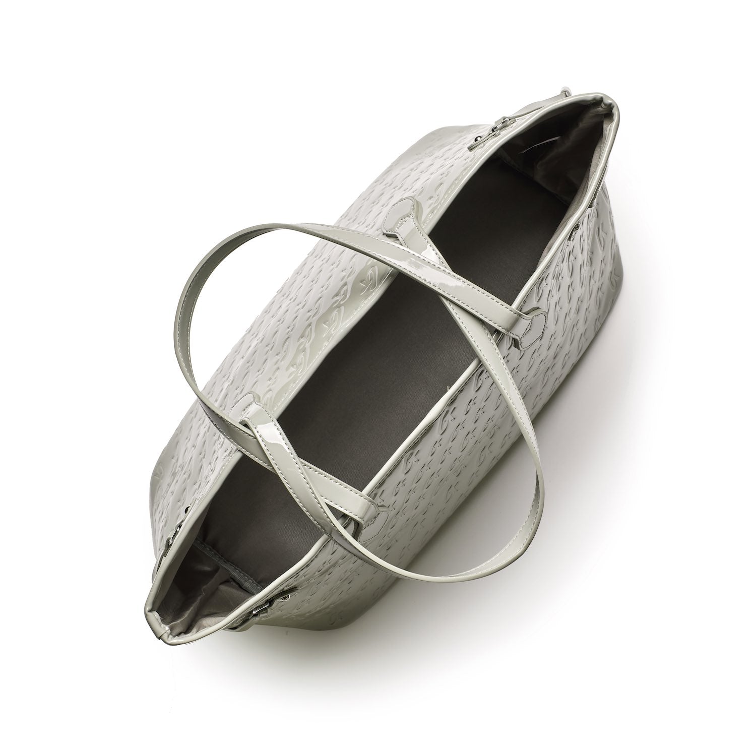 Mirror gray Monogram Glam Tote with embossed pattern, dual handles, and spacious interior, perfect for stylish everyday use.