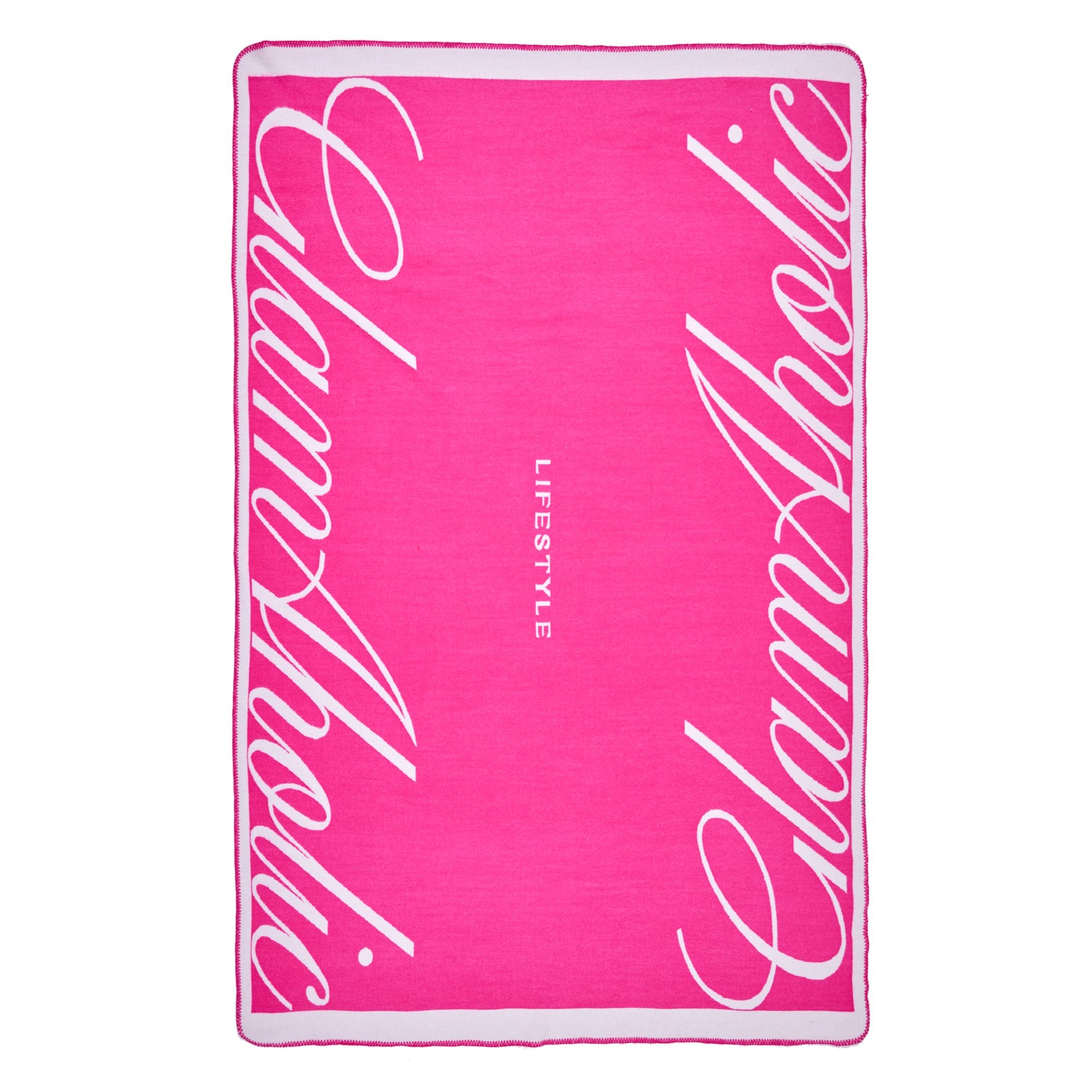 Hot pink throw blanket with white cursive "Signature Logo" text and "LIFESTYLE" in the center.