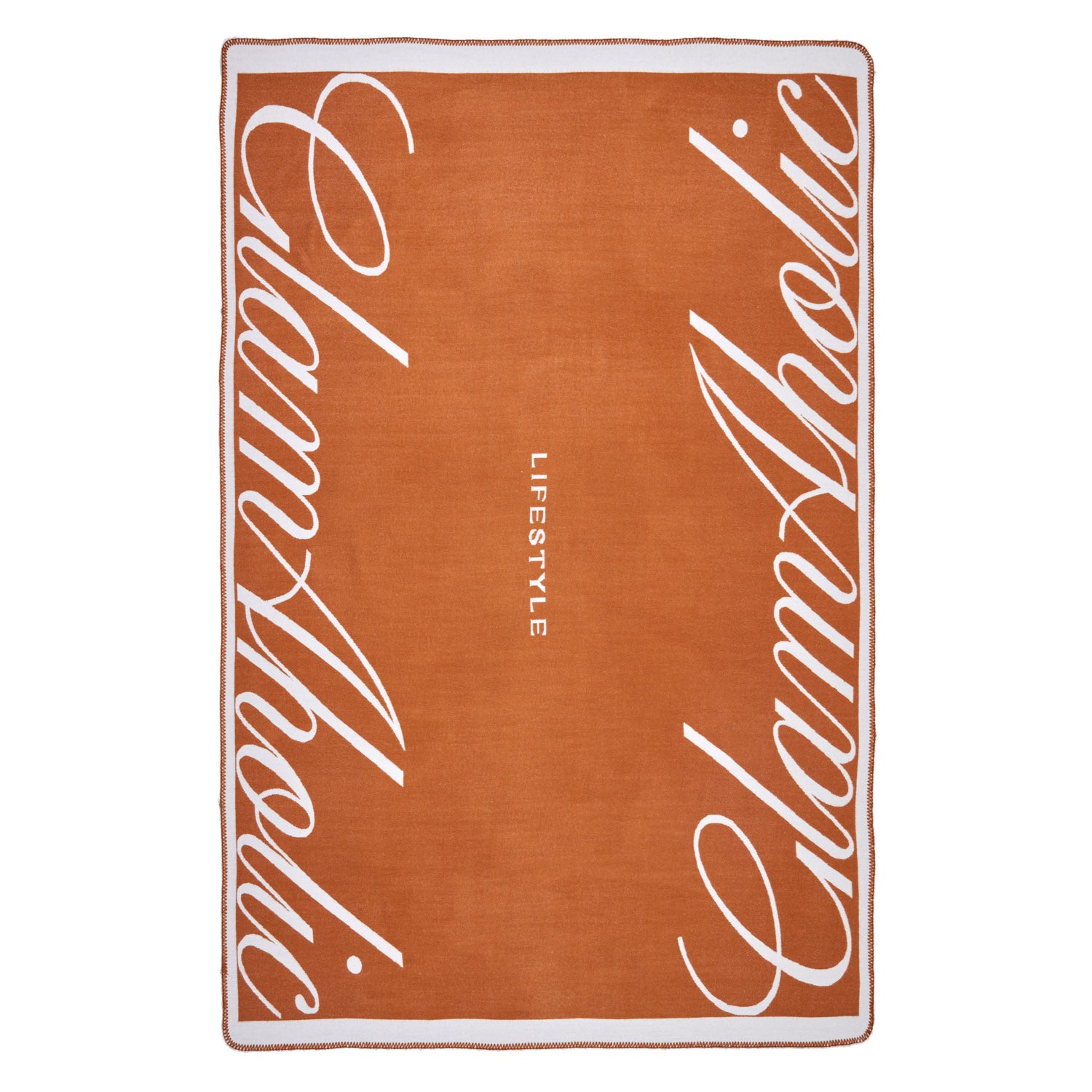 Brown luxury throw blanket with white cursive "California" text and "LIFESTYLE" in the center.