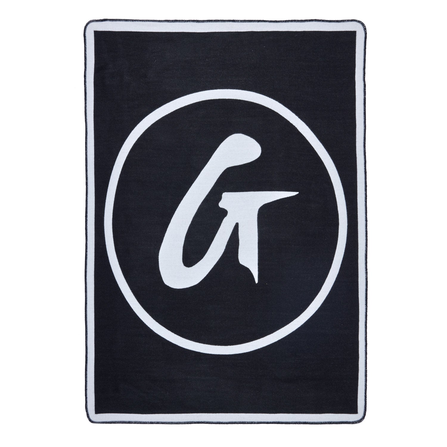 Black classic throw blanket with a large white circular logo featuring a stylized "G" in the center.